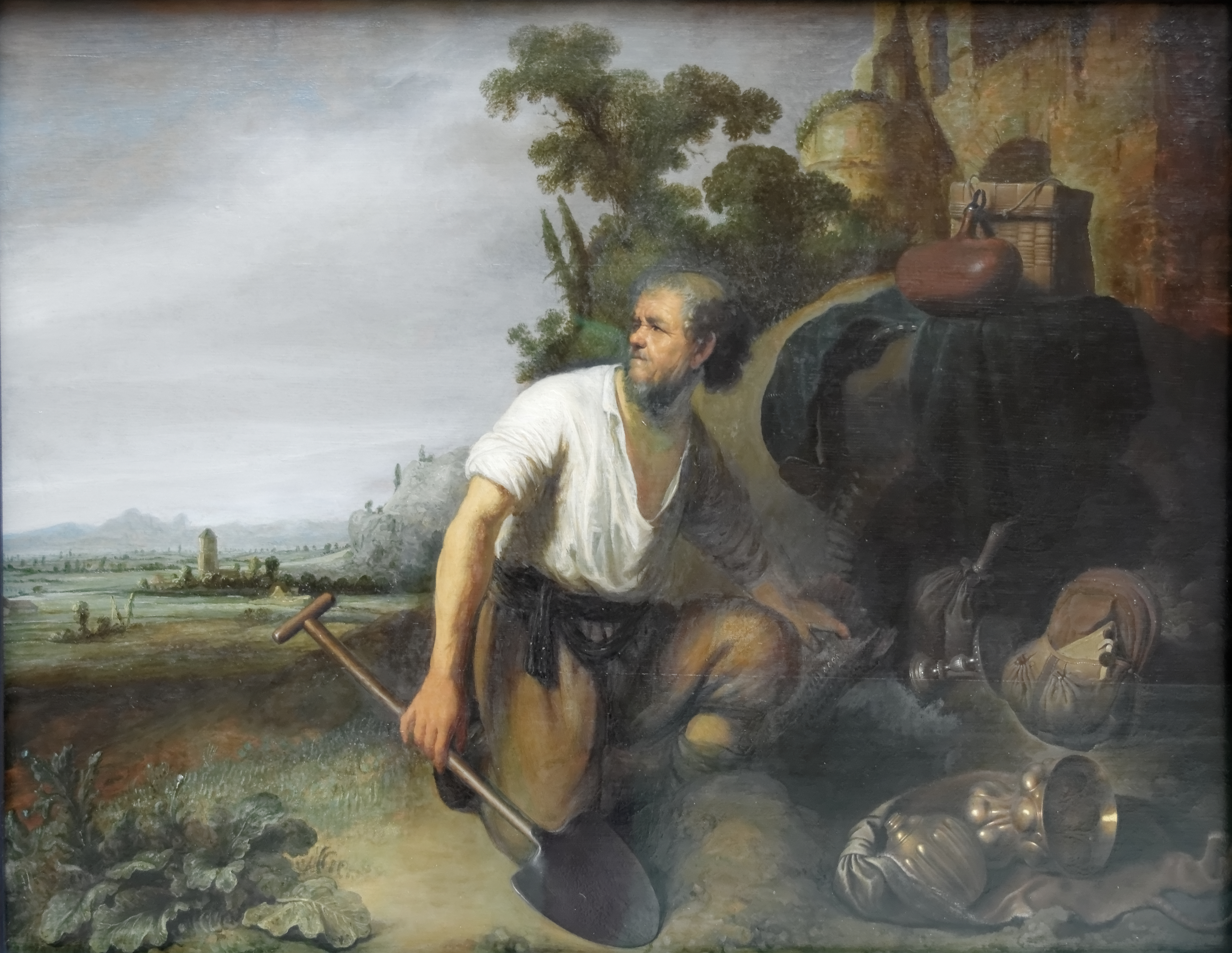 A public domain picutre of "Parable of the Hidden Treasure" Painting by either Rembrandt or Gerard Dou in which a man with a shovel finds a hidden treasure of golden urns, bowls, stands and so forth