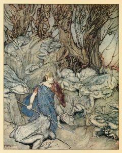 Illustration in "Irish Fairytales" by Arthur Rackham of a man with shield and sword walking down a path that takes him through giant toads