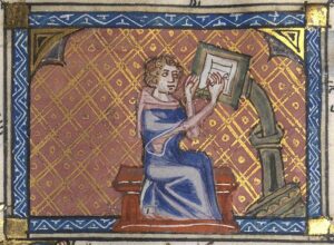 wood block image of ancien author drawing on an ancient writing desk