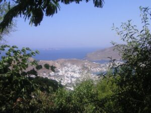 Photo of th emain port of Skala in the island of Patmos, Greece, viewed from the Monastery of Agios loannis Theologos