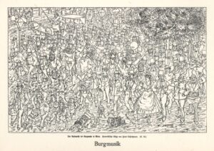 Drawing of the deployment of a military band in the inner court of Hofburg Palace in Vienna by Hans Schliessmann