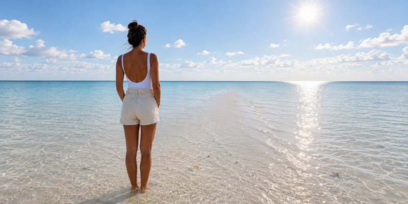 Woman standing on sandbar staring at horizon.