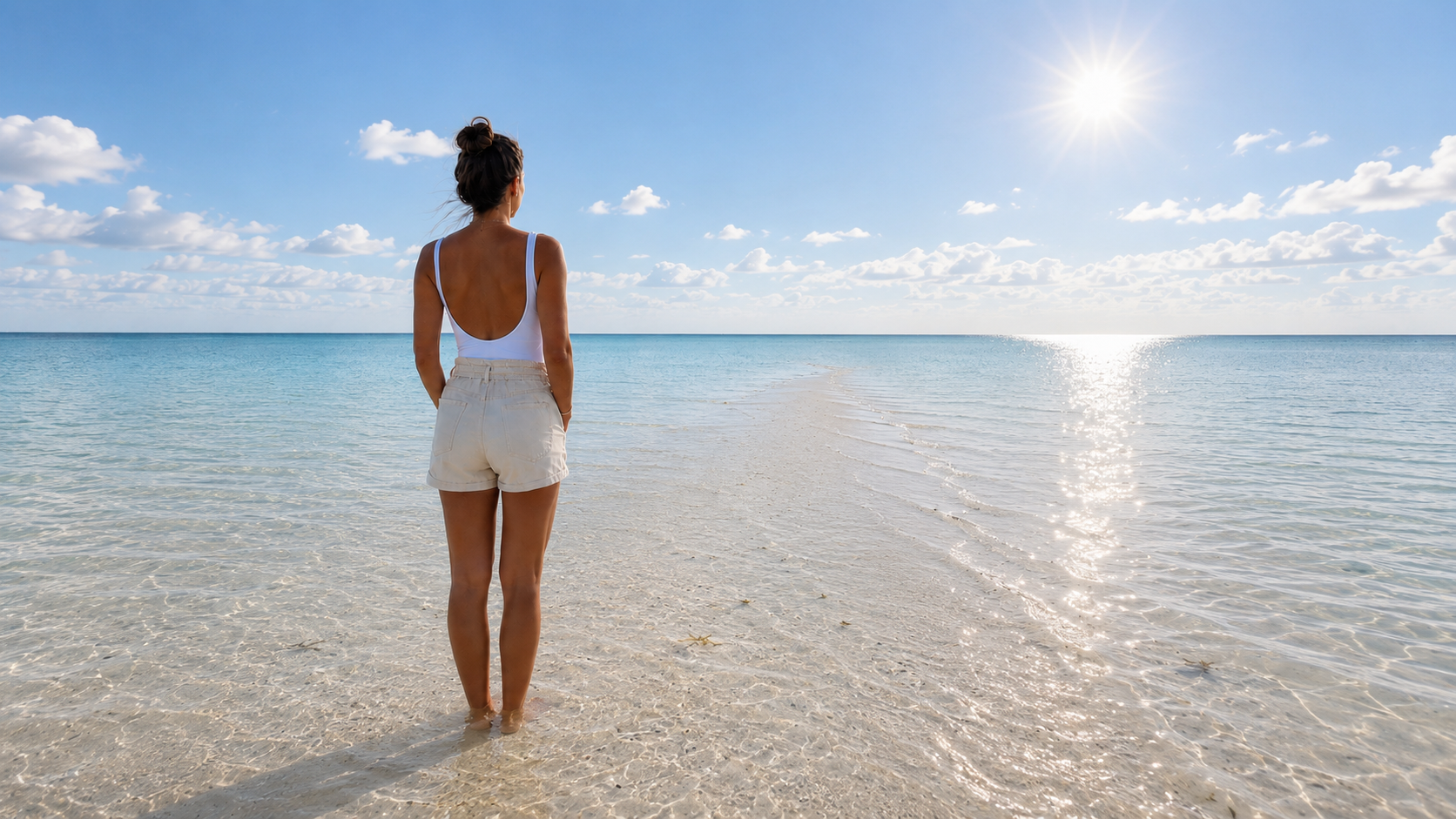 Woman standing on sandbar staring at horizon.